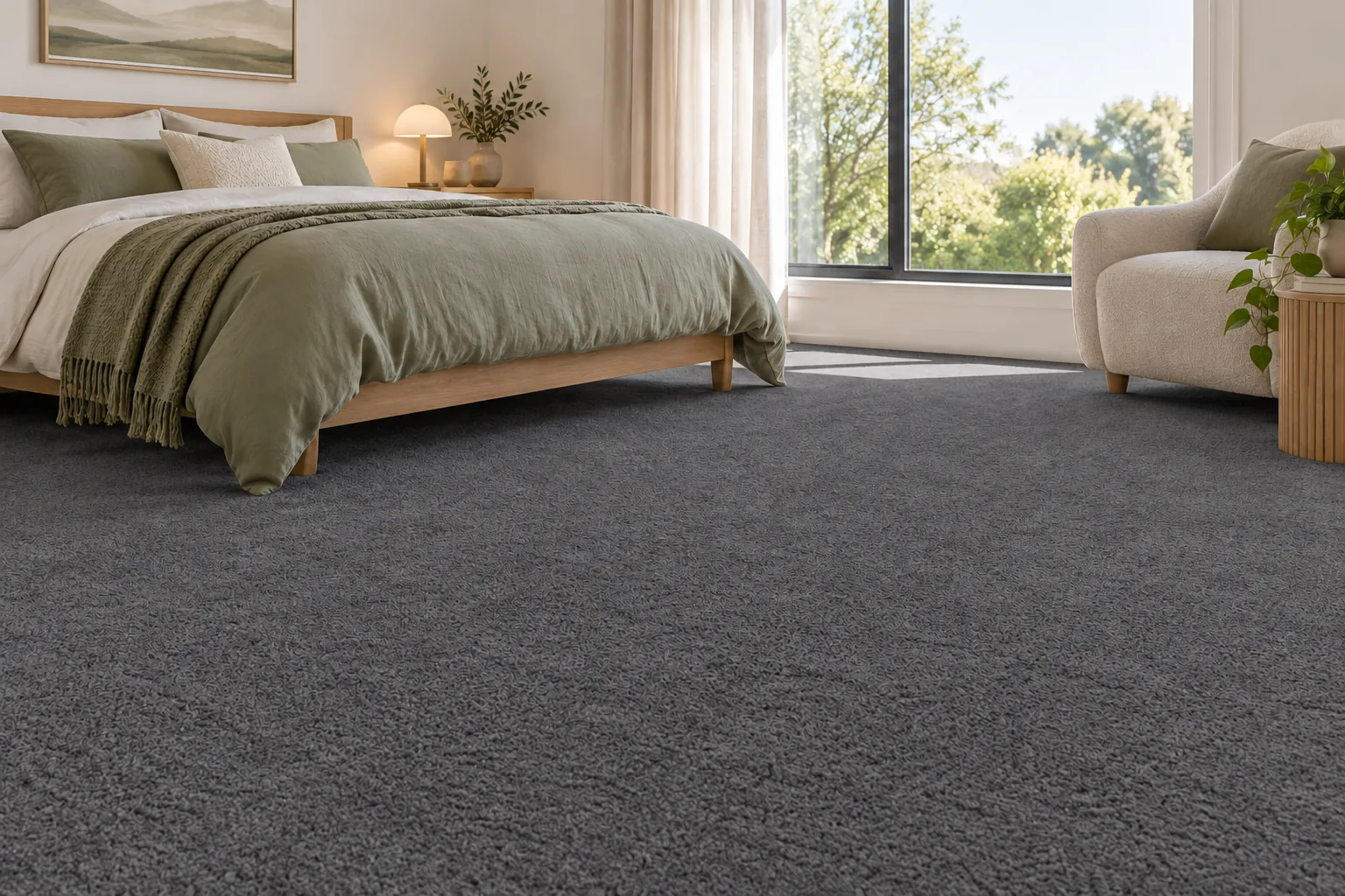 Deep charcoal Everyday Comfort carpet in a calm contemporary bedroom