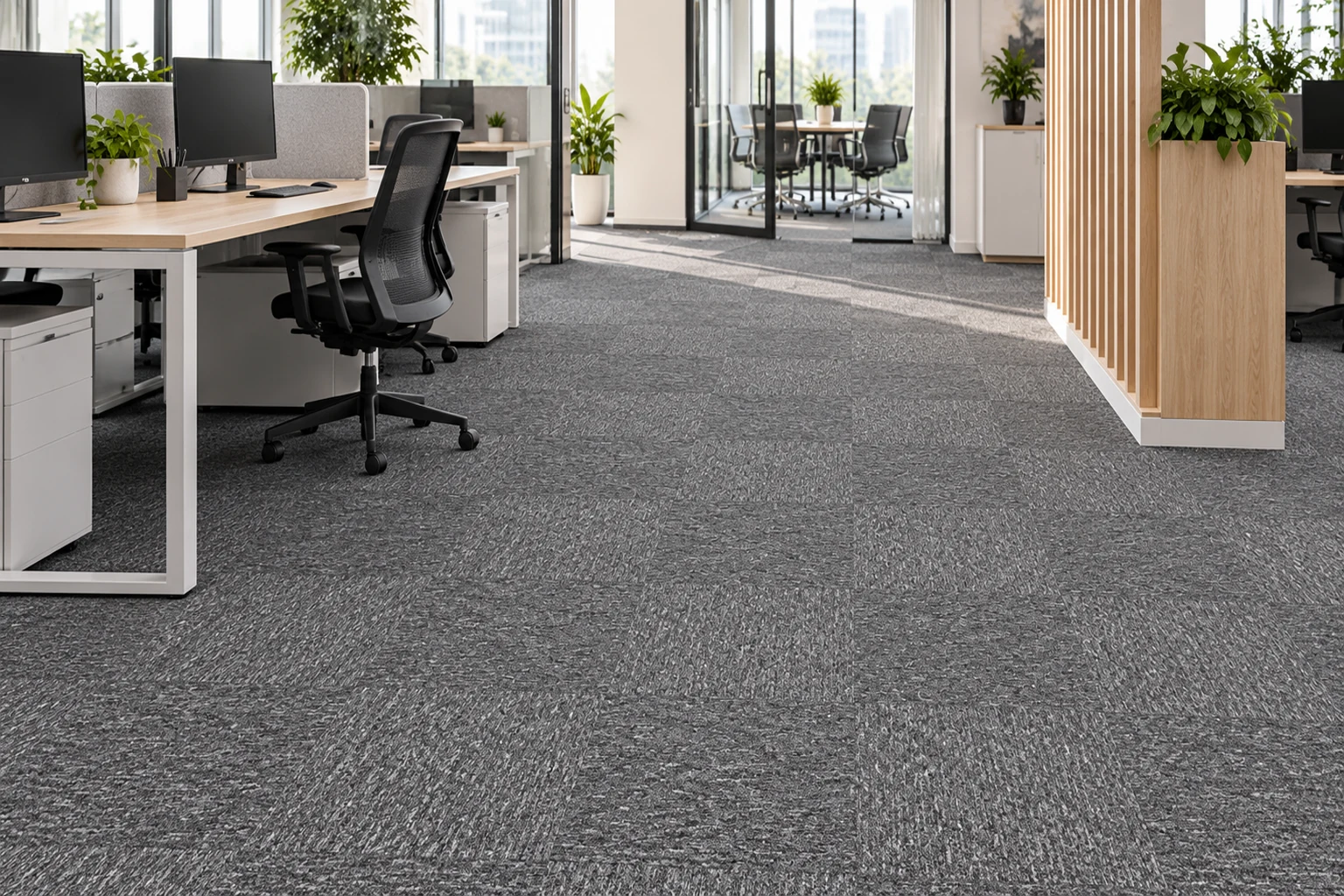 Grey commercial carpet tiles in a contemporary office workspace