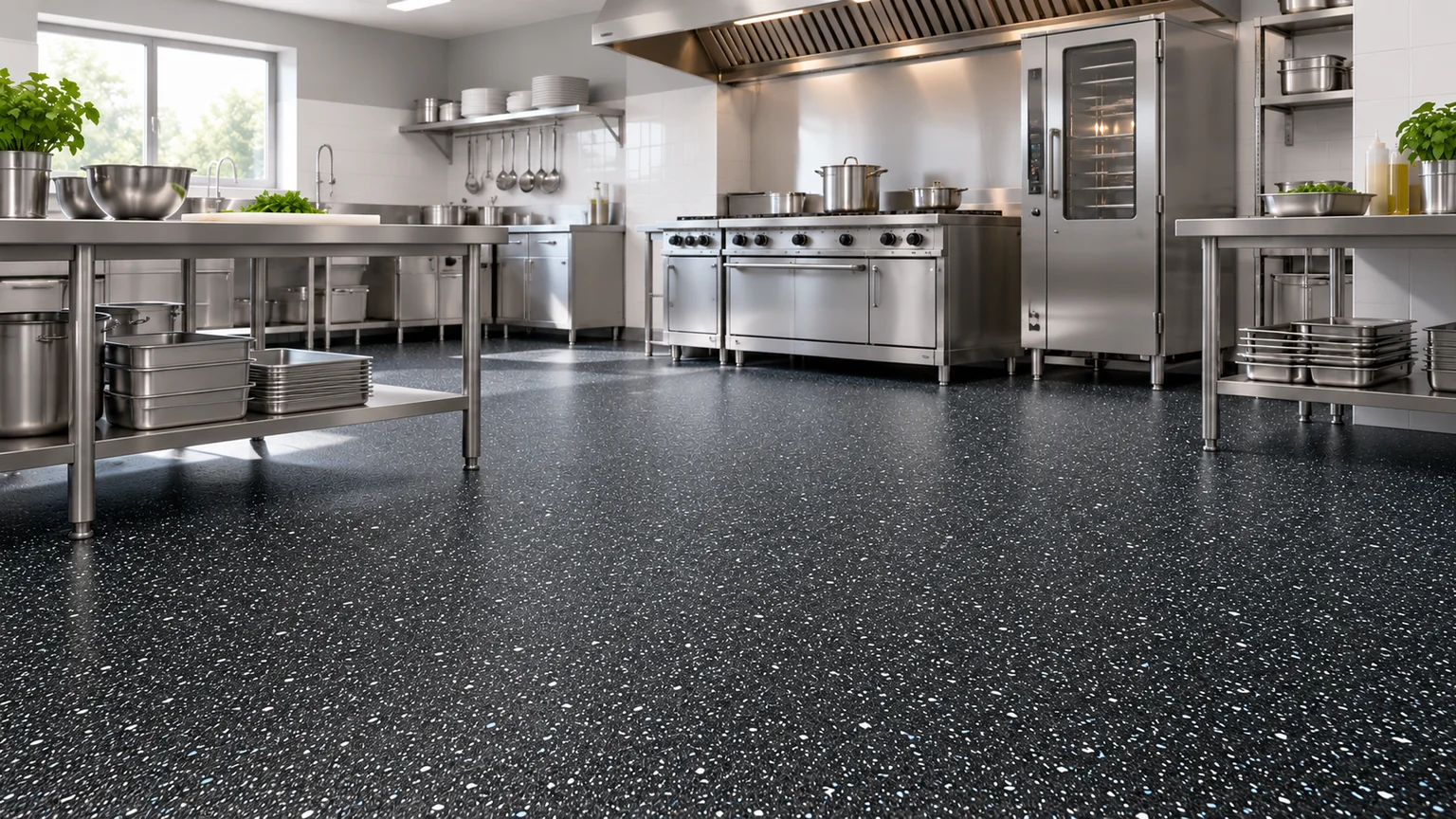 N1 - Black fleck Commercial Vinyl in a commercial kitchen