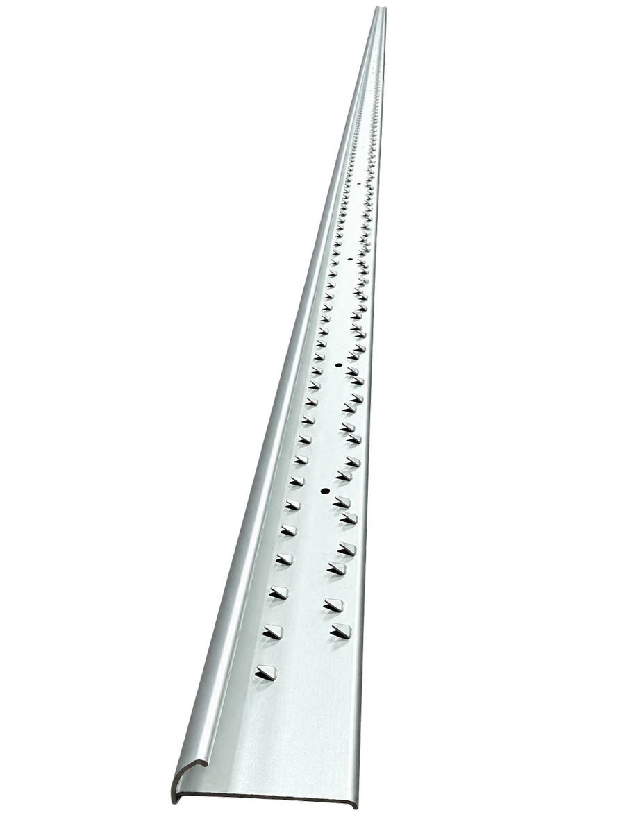 Silver Naplock flooring bar with pre-drilled holes and carpet-gripping teeth