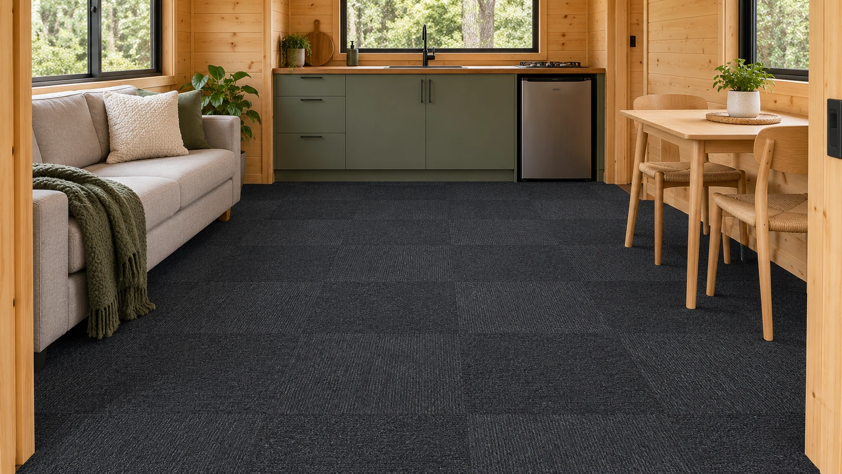 Dark charcoal self-adhesive carpet tile installed in a small timber cabin
