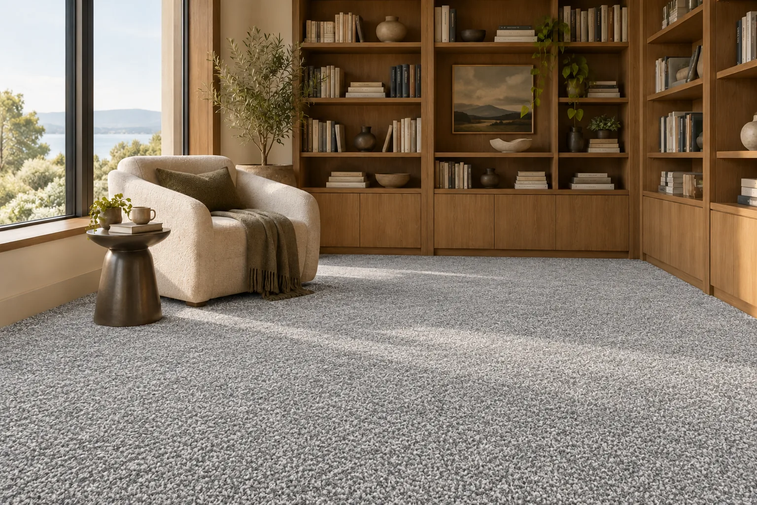 Stone grey Everyday Luxury carpet in an elegant home library