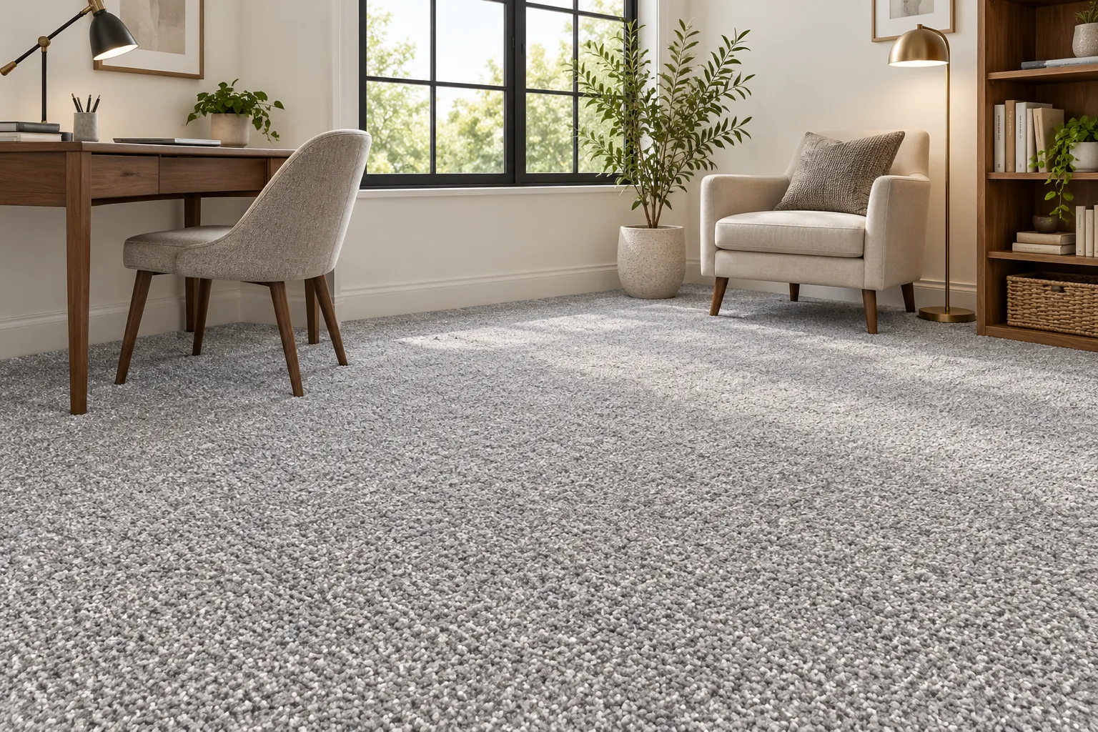 Speckled silver Everyday Plus carpet in a bright contemporary home office