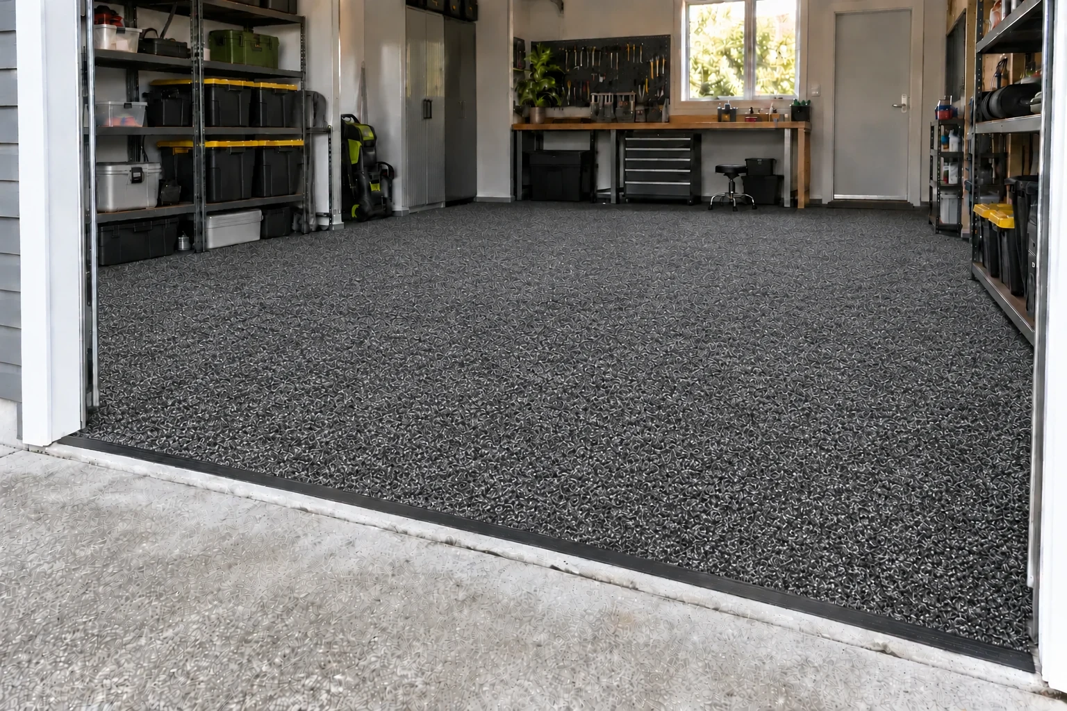 Charcoal-grey flecked Garage Carpet fitted across a tidy garage floor with a narrow black threshold strip