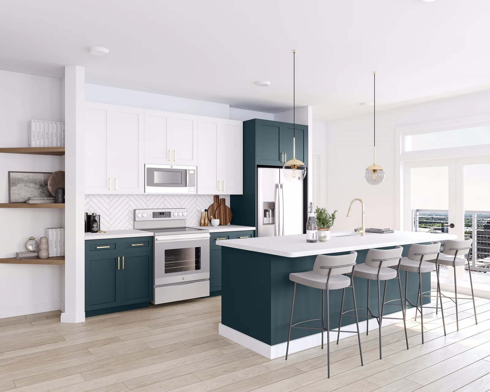 Bright contemporary kitchen with pale plank flooring