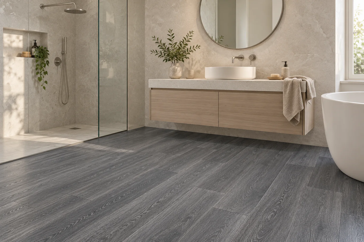 Carbon 6mm SPC Essential flooring in a calm contemporary bathroom