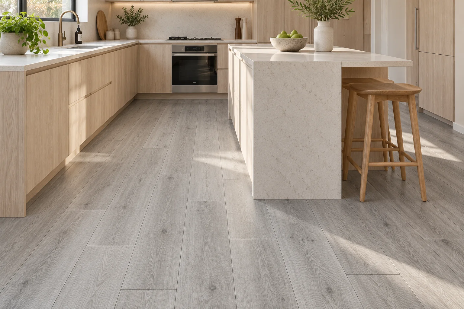 Slate 7mm SPC flooring in a compact contemporary kitchen