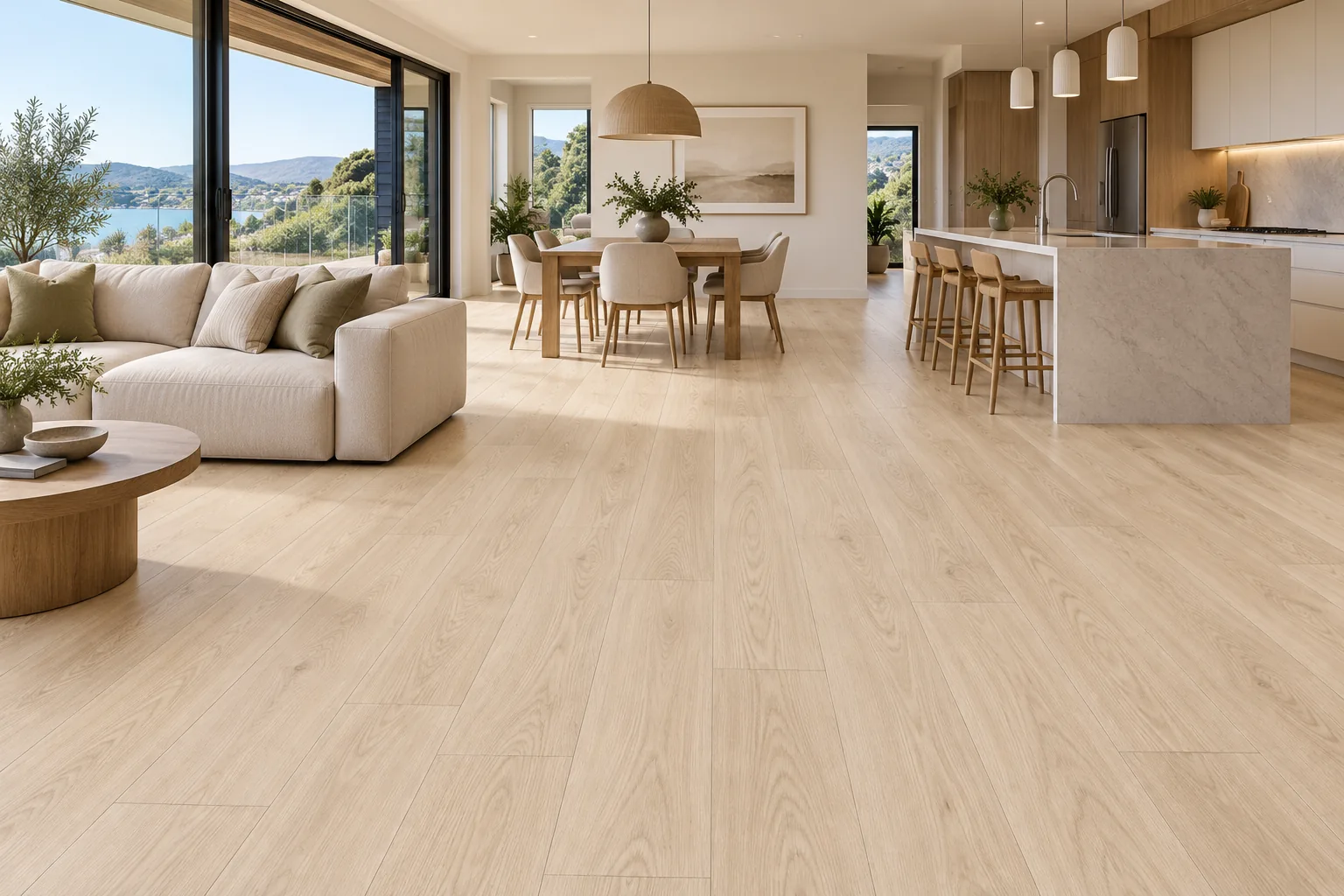 Natural 8mm SPC flooring across an open-plan lounge, dining and kitchen