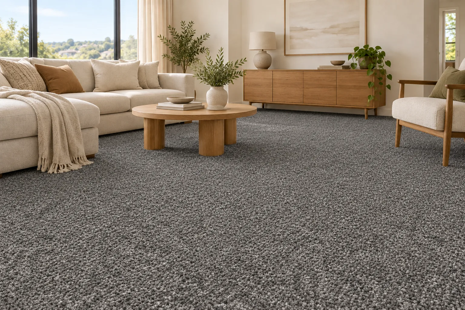 Deep charcoal carpet in a bright contemporary living room